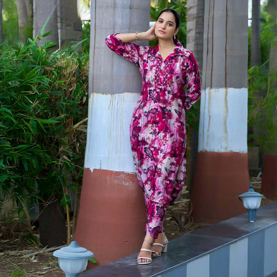 Magenta  Vertican Silk Printed Kurti