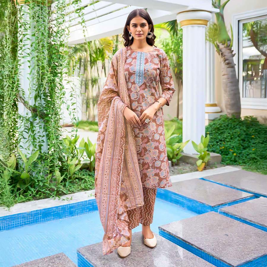 Brown  Cotton Casual Wear Salwar Kameez