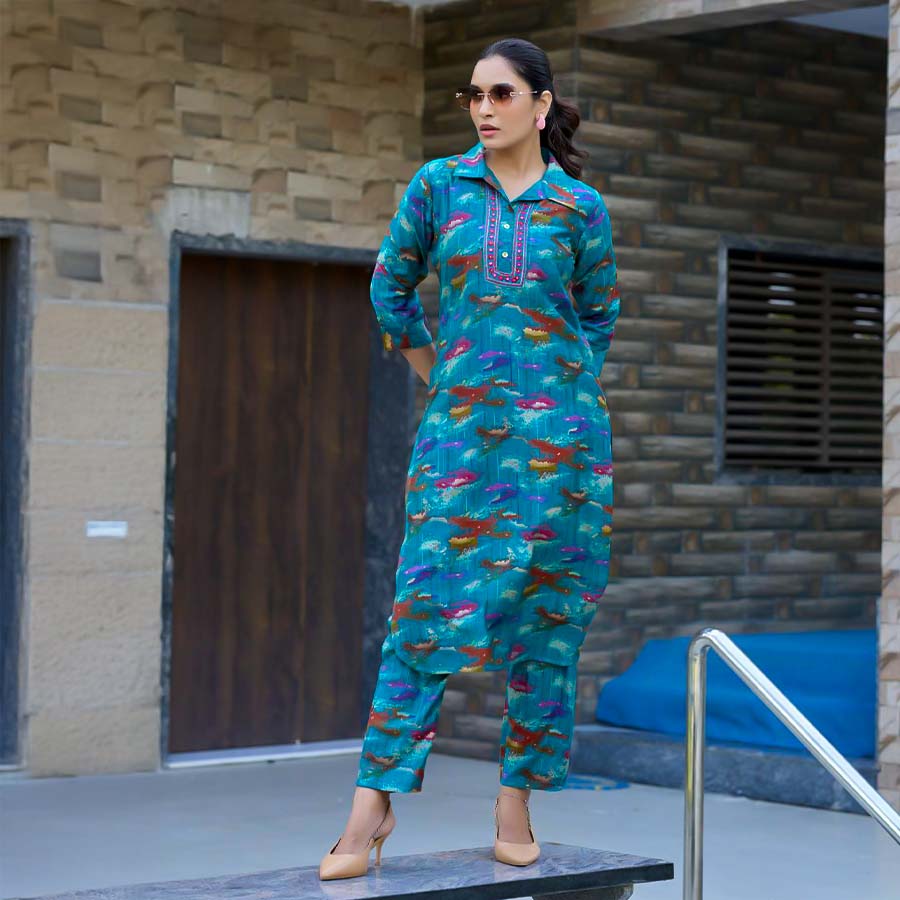 Blue Vertican Silk Printed Kurti