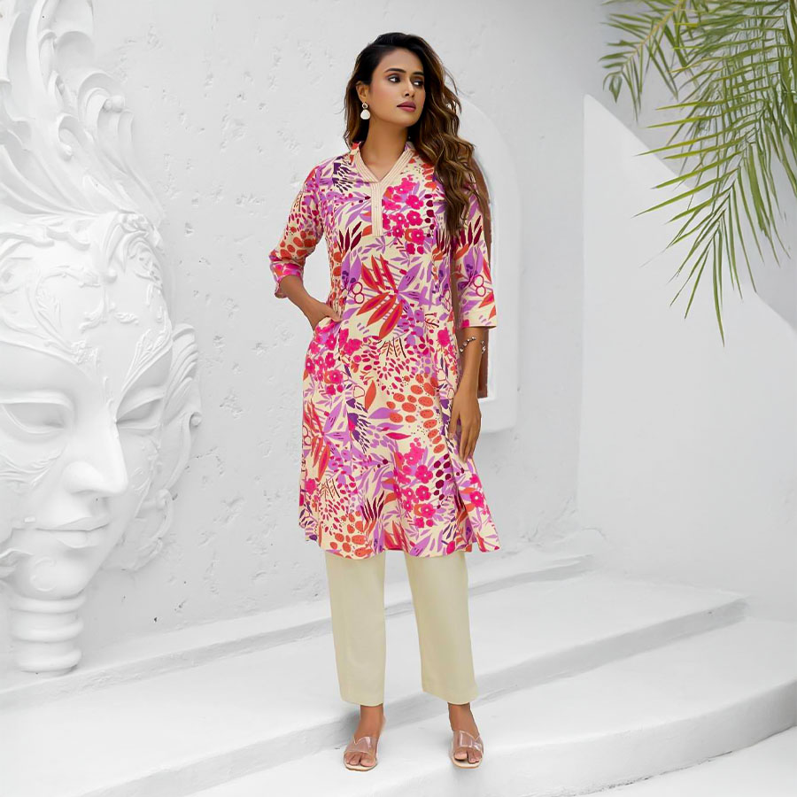 Purple Cotton Flex Printed Kurti