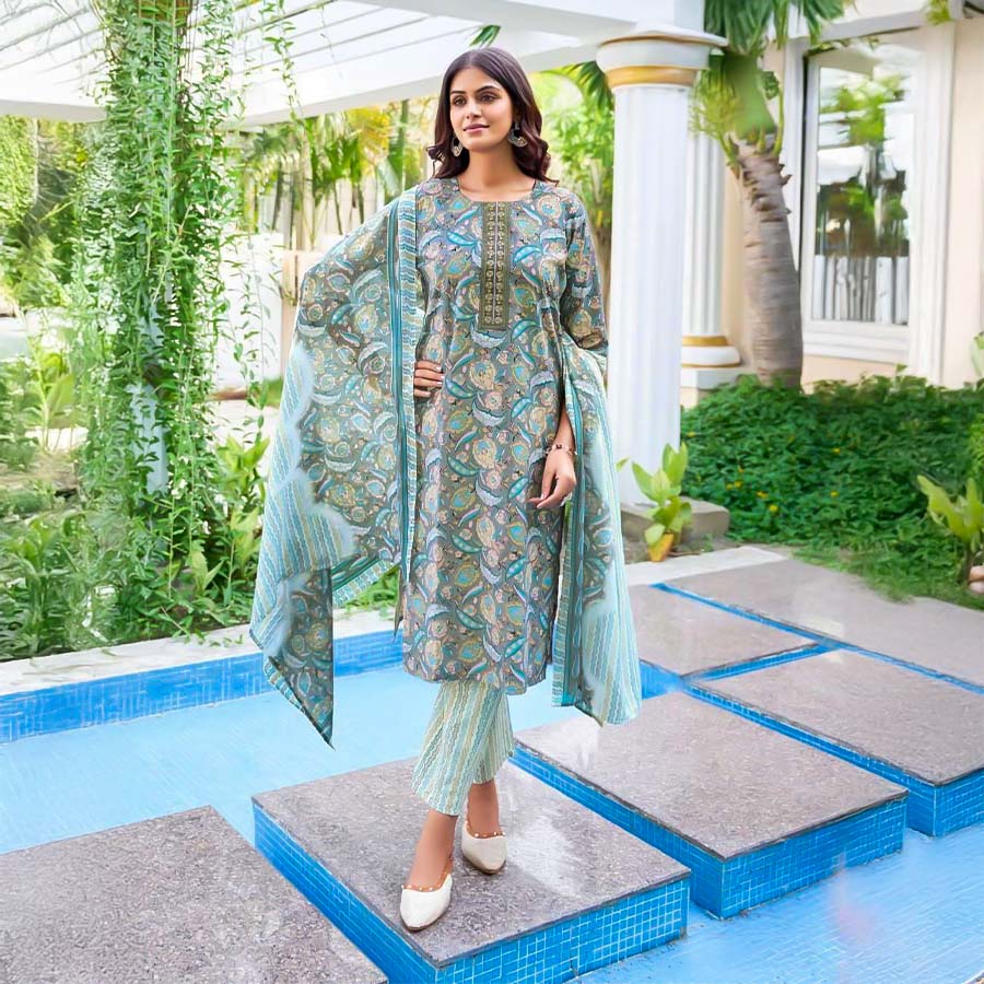 Cyan Cotton Casual Wear Salwar Kameez