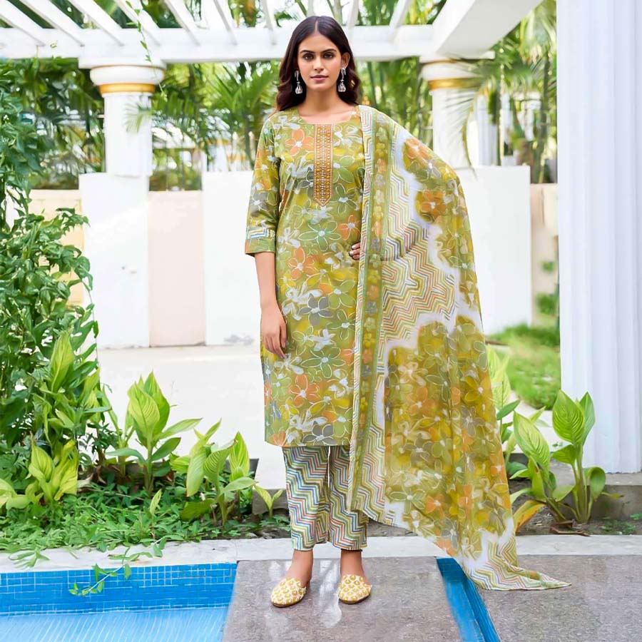Green  Cotton Casual Wear Salwar Kameez