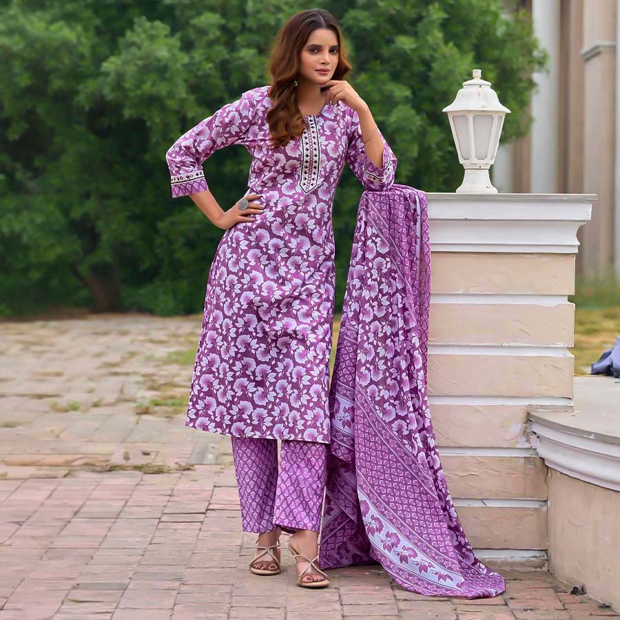 Purple Cambric Cotton Casual Wear Salwar Kameez