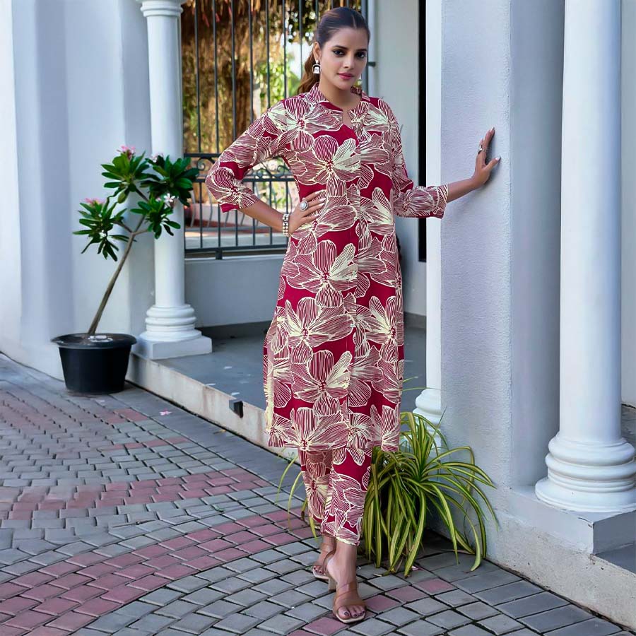 Red Viscose Printed Kurti
