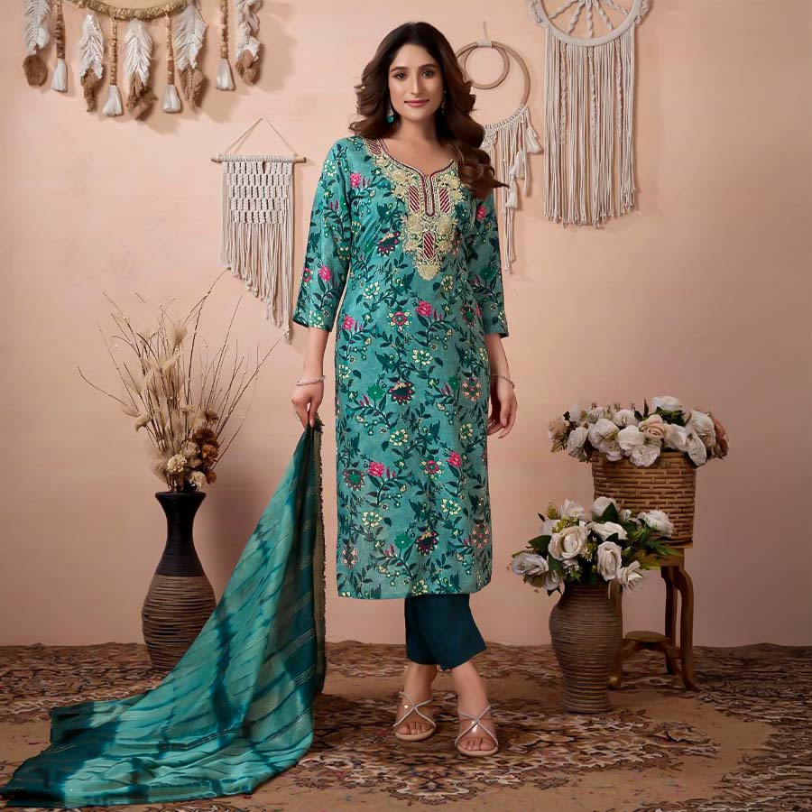 Green  Rayon Printed Salwar Kameez