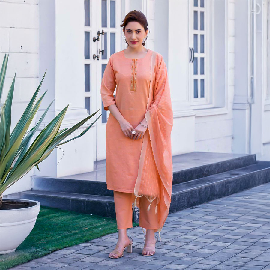 Orange  Handloom Weaving Cotton Casual Wear Salwar Kameez