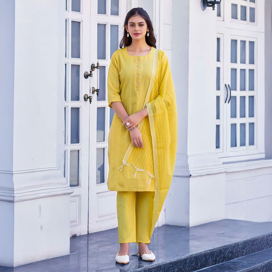 Yellow Handloom Weaving Cotton Casual Wear Salwar Kameez