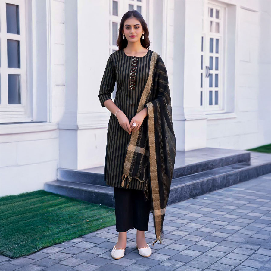 Black  Handloom Weaving Cotton Casual Wear Salwar Kameez