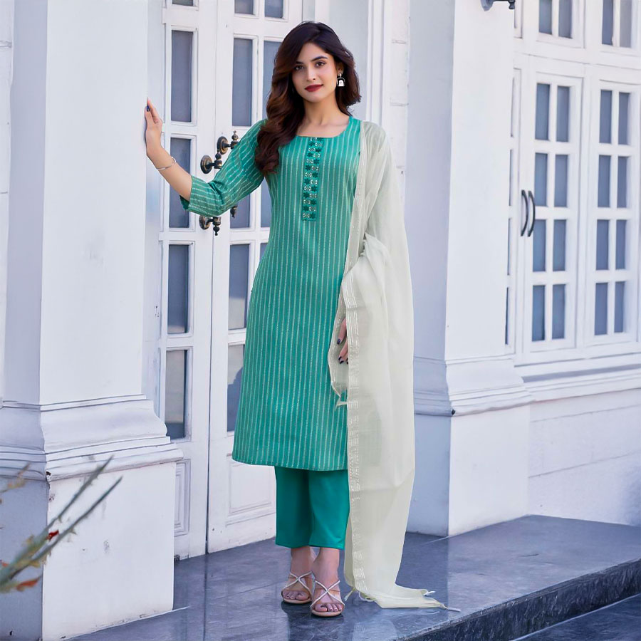 Green  Handloom Weaving Cotton Casual Wear Salwar Kameez