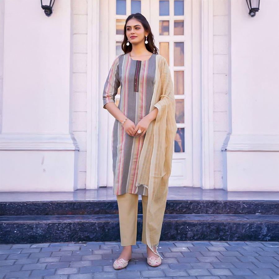 Grey Handloom Weaving Cotton Casual Wear Salwar Kameez