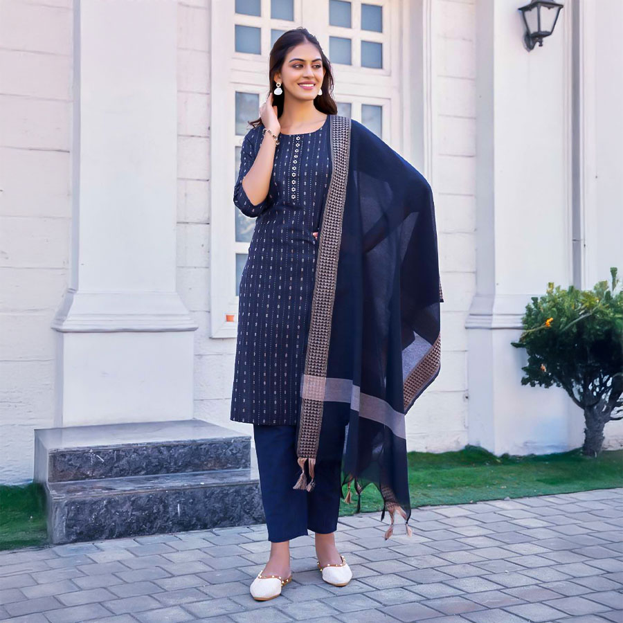 Blue Handloom Weaving Cotton Casual Wear Salwar Kameez
