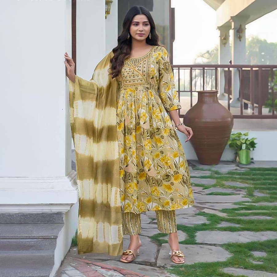 Yellow Rayon Printed Salwar Kameez