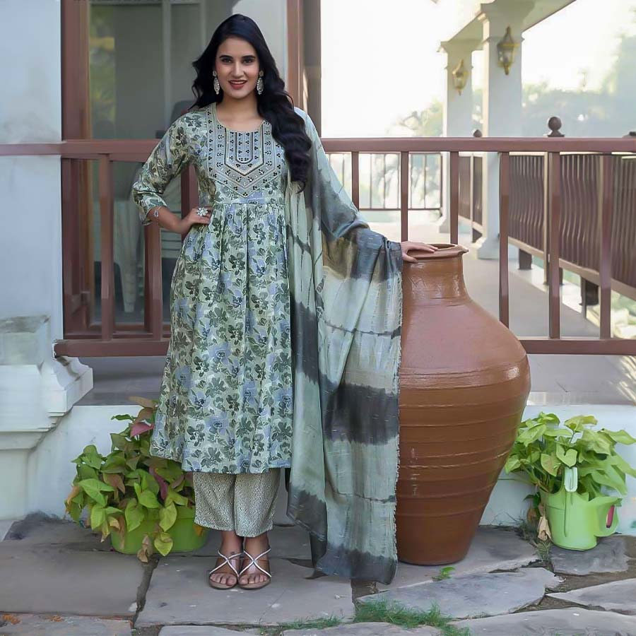 Grey Rayon Printed Salwar Kameez