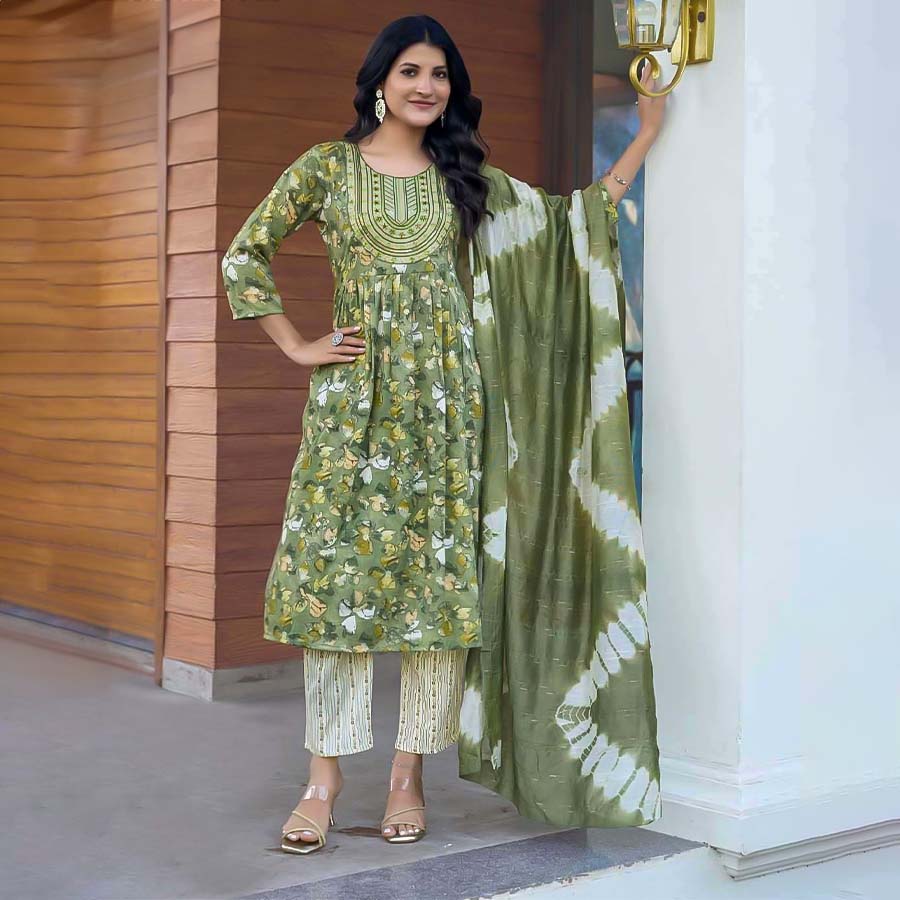 Green Rayon Printed Salwar Kameez