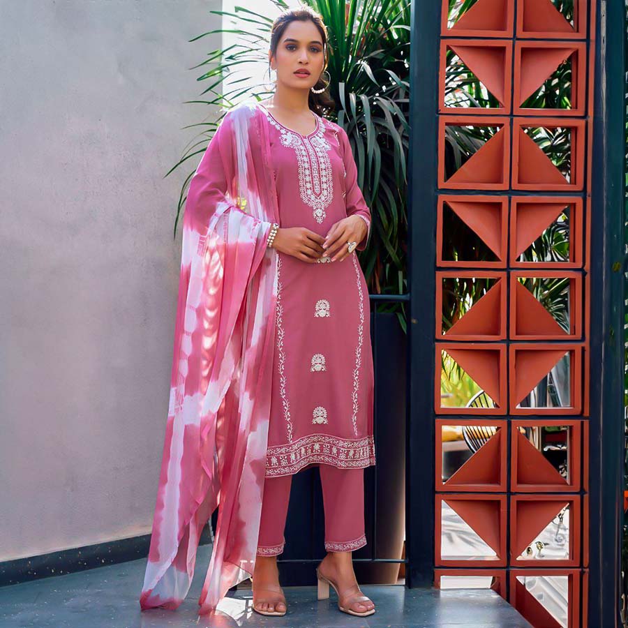 Pink Rayon Casual Wear Salwar Kameez