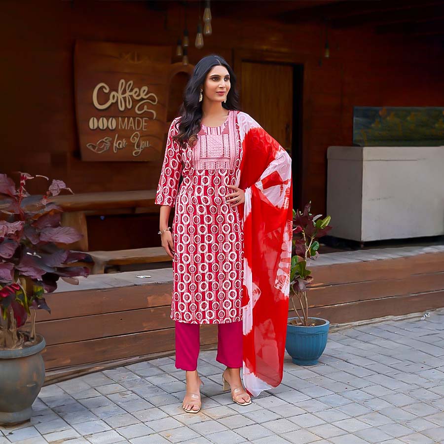 Red Rayon Printed Salwar Kameez