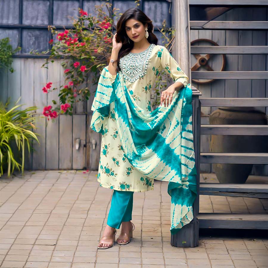 White  Rayon Casual Wear Salwar Kameez