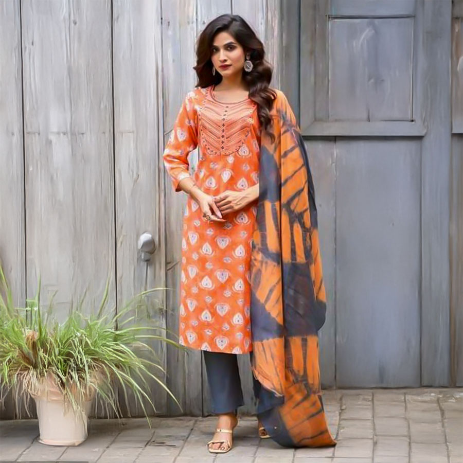 Orange  Rayon Casual Wear Salwar Kameez