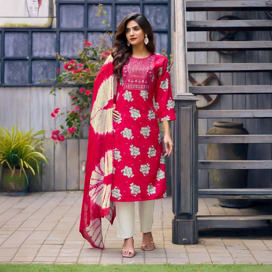 Red Rayon Casual Wear Salwar Kameez