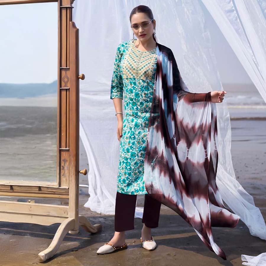 Cyan Rayon Casual Wear Salwar Kameez