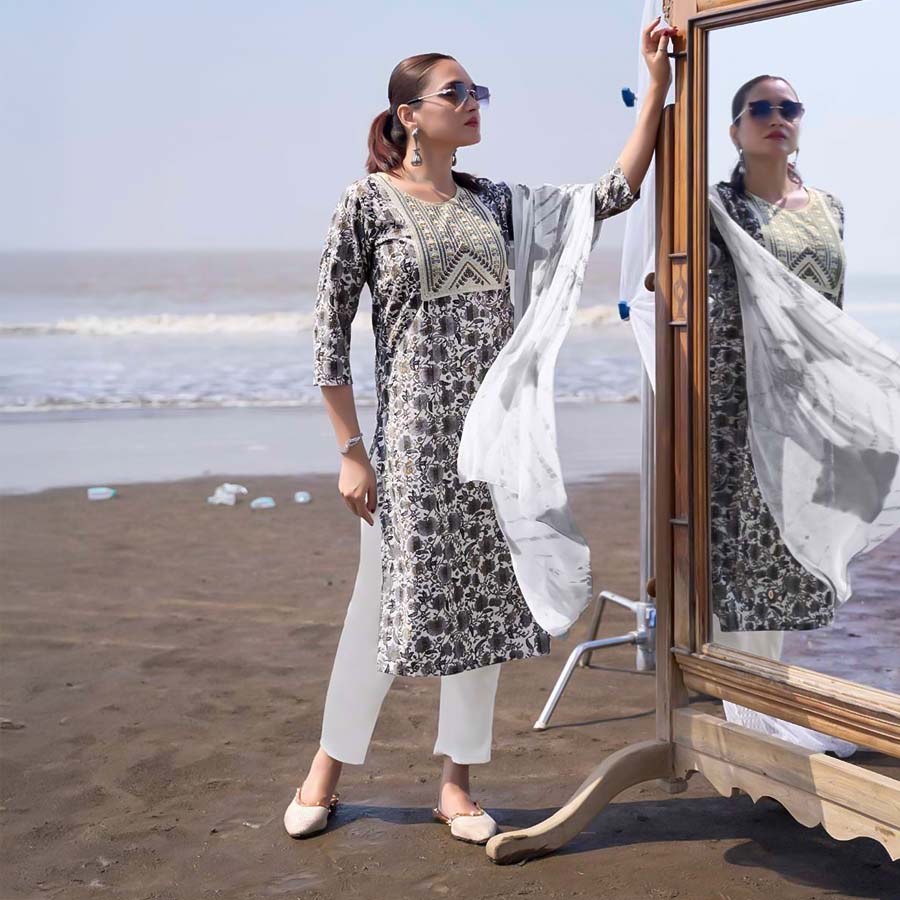 Grey Rayon Casual Wear Salwar Kameez