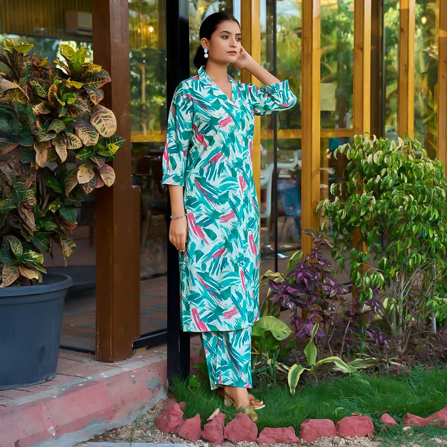 Cyan Vertican Dobby Printed Kurti