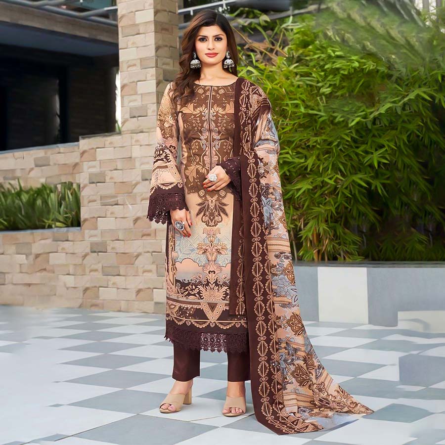 Brown  Cotton Printed Salwar Kameez