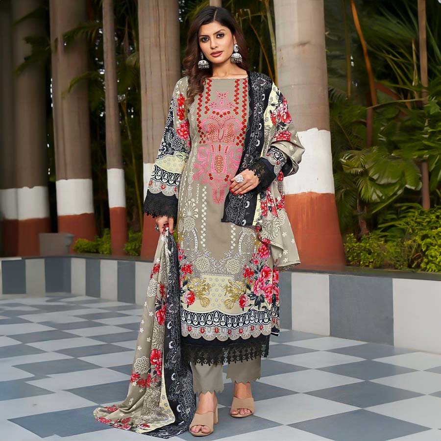 Grey Cotton Printed Salwar Kameez