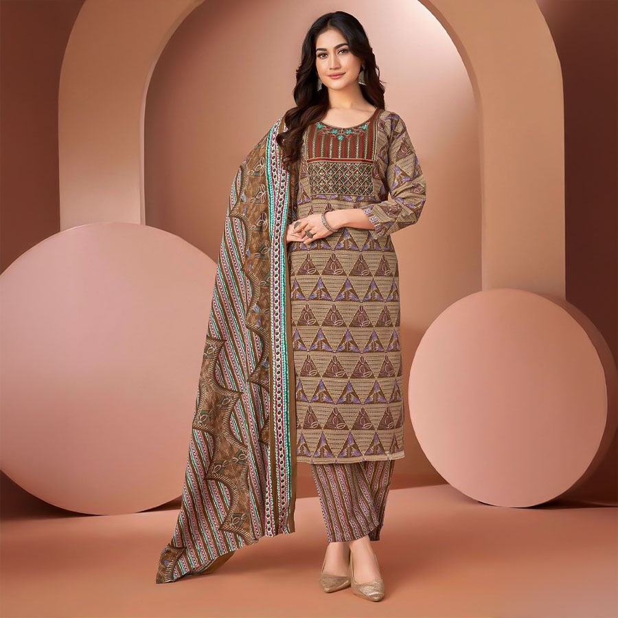 Brown  Cambric Cotton Printed Salwar Kameez