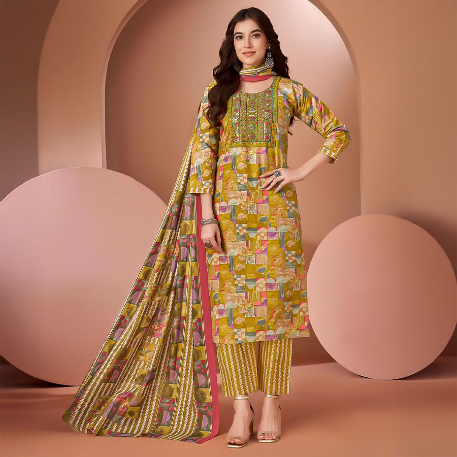 Yellow Cambric Cotton Printed Salwar Kameez