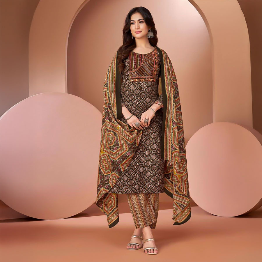 Brown Cambric Cotton Printed Salwar Kameez