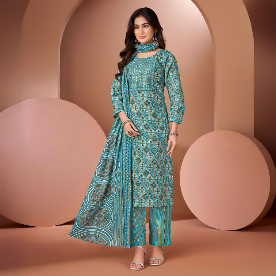 Sky Blue Cambric Cotton Printed Salwar Kameez
