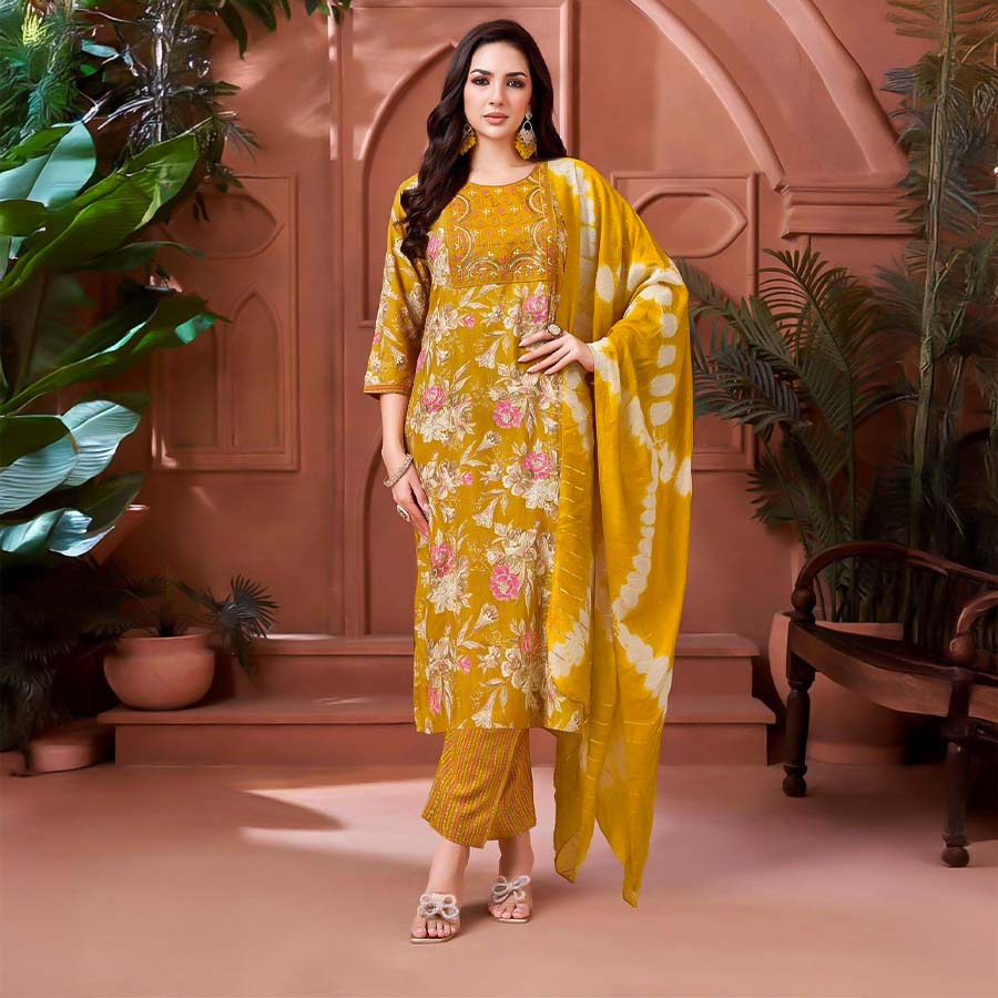 Yellow  Rayon Casual Wear Salwar Kameez