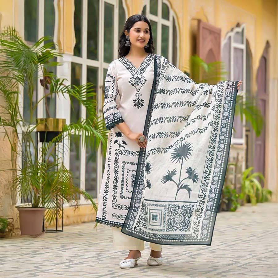 White  Linen Casual Wear Salwar Kameez