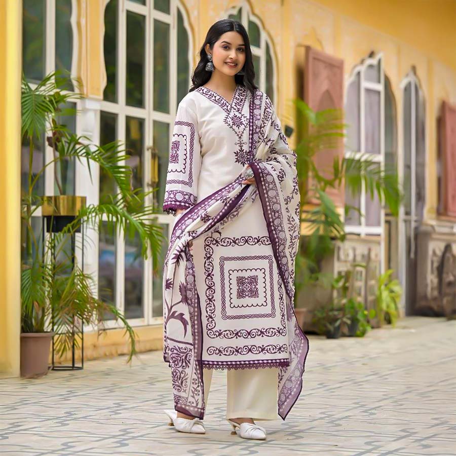 White  Linen Casual Wear Salwar Kameez