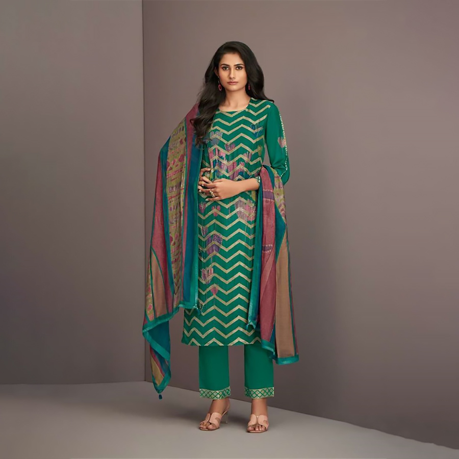 Green Muslin jacquard Designer Suit