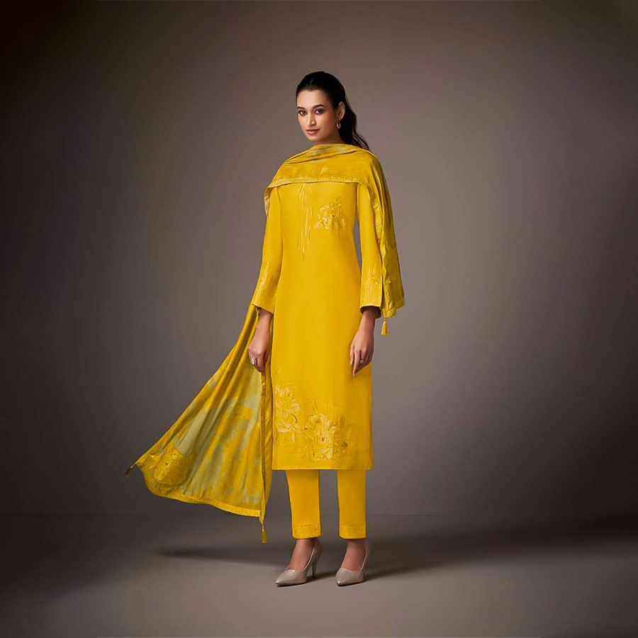 Yellow Muslin Jacquard Designer Salwar Kameez