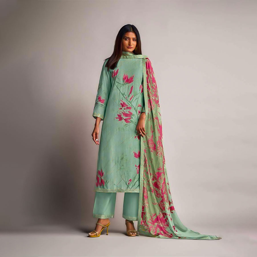 Cyan  Pure Linen Designer Salwar Kameez