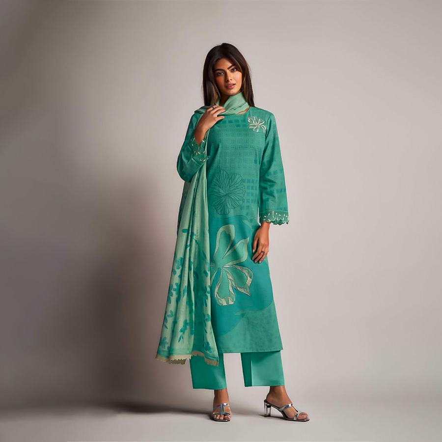 Cyan Linen Cotton Party Wear Salwar Kameez