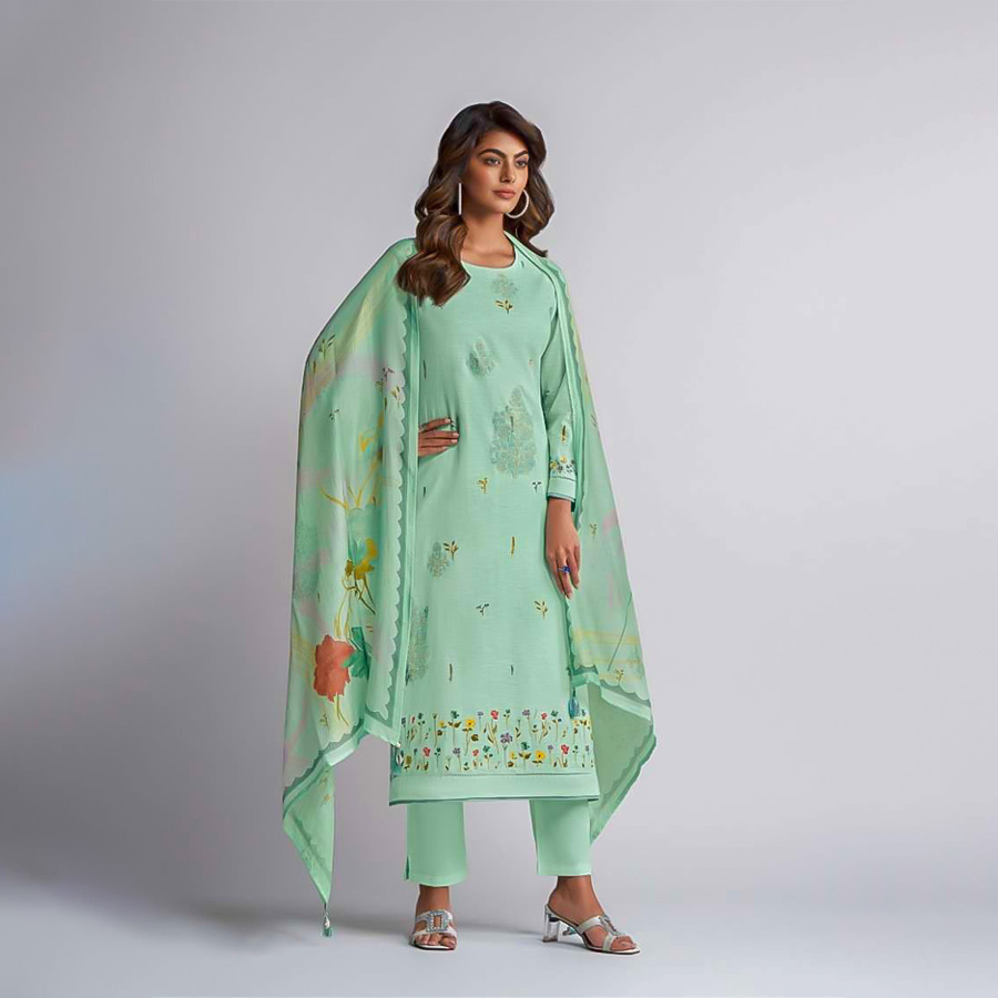 Cyan  Linen Cotton Party Wear Salwar Kameez