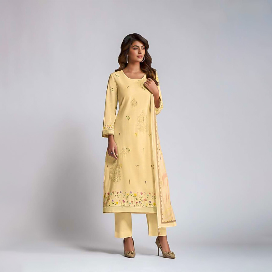 Light Yellow Linen Cotton Party Wear Salwar Kameez