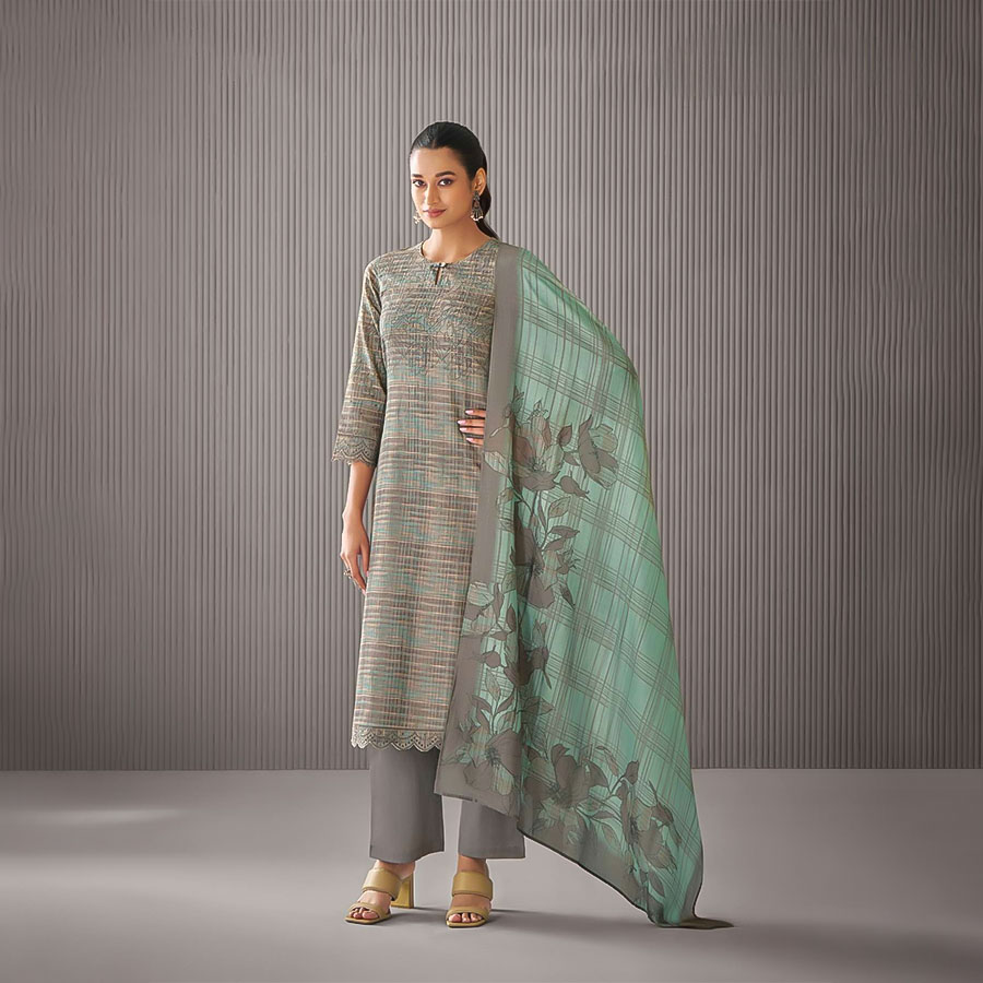 Grey Linen Cotton Party Wear Salwar Kameez