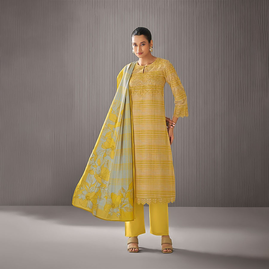 Yellow Linen Cotton Party Wear Salwar Kameez