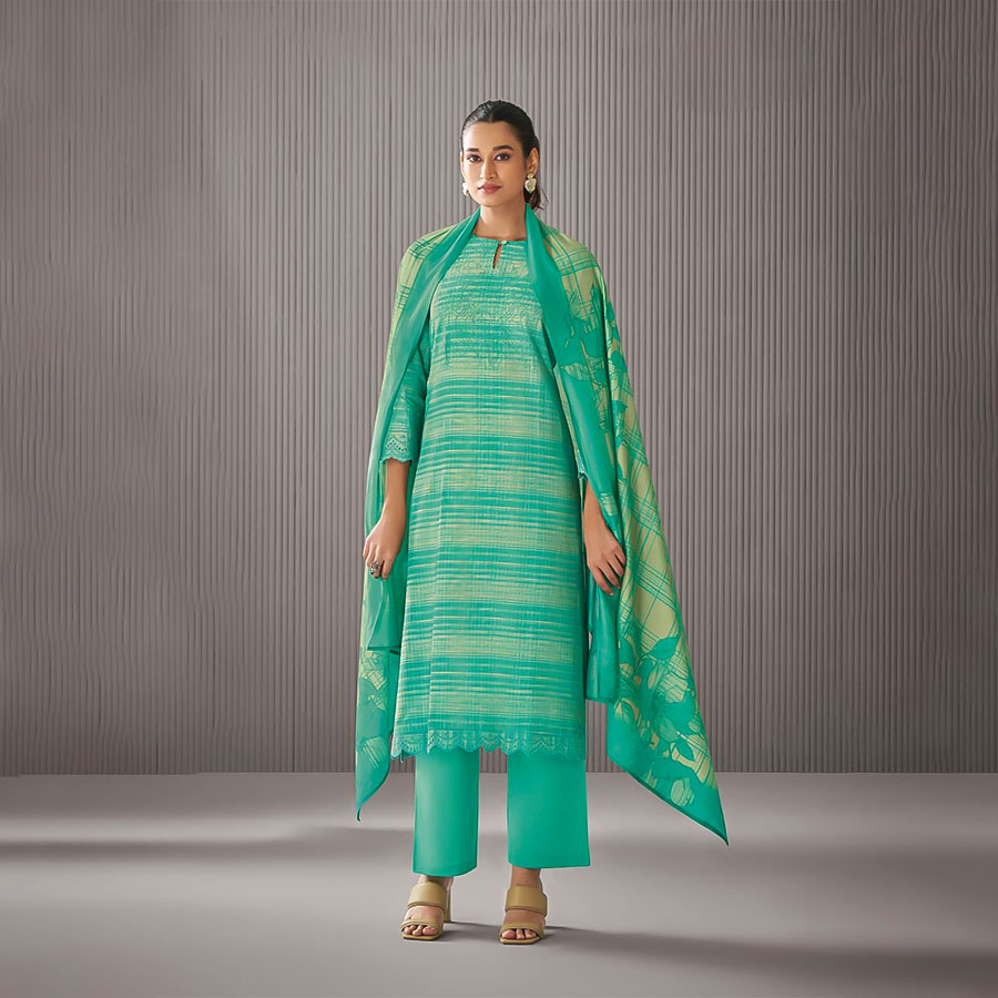 Green Linen Cotton Party Wear Salwar Kameez