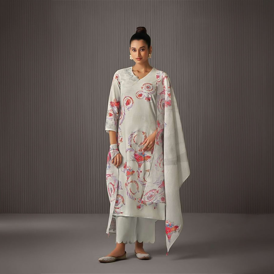 Grey Linen Cotton Party Wear Salwar Kameez