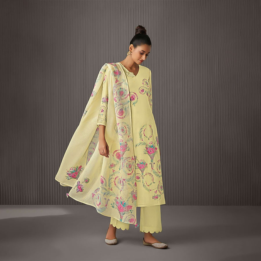 Yellow Linen Cotton Party Wear Salwar Kameez