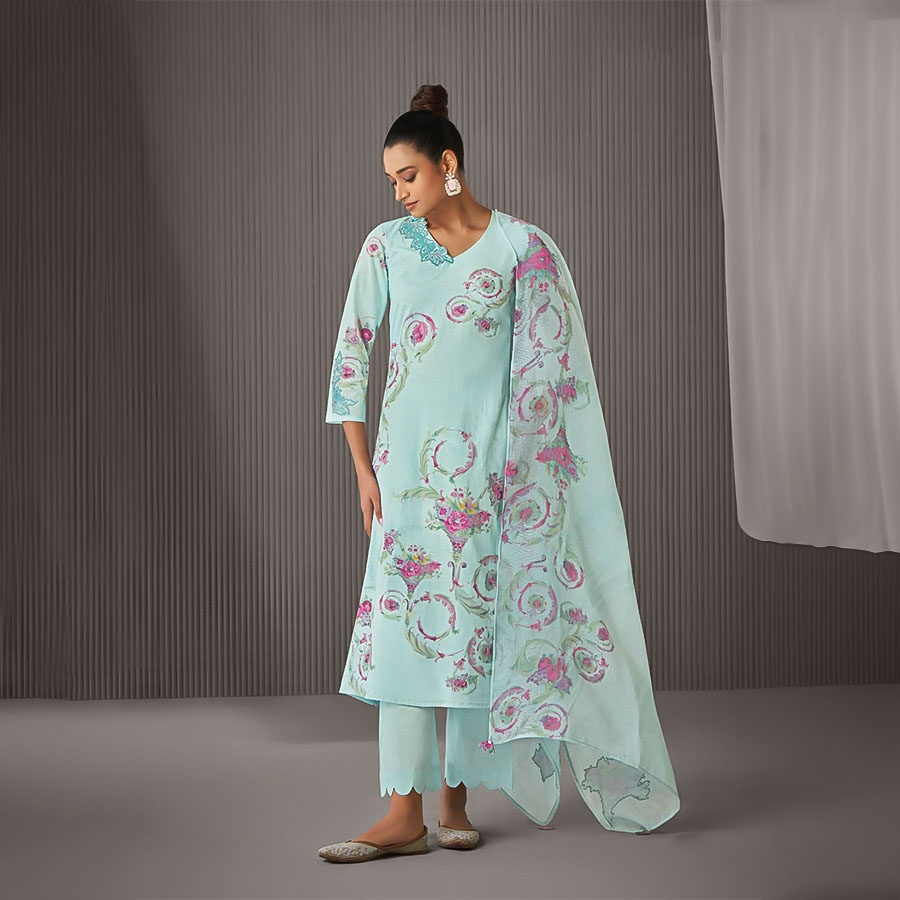 Sky Blue Linen Cotton Party Wear Salwar Kameez