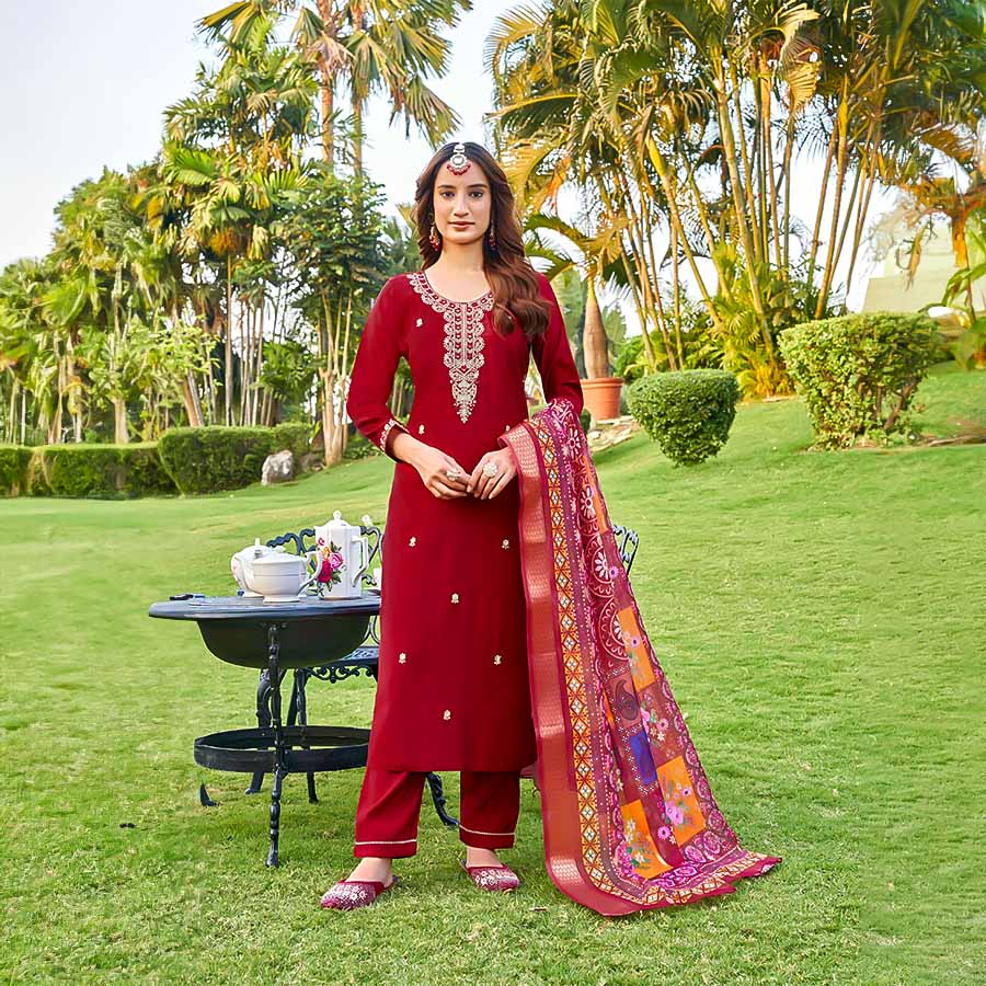 Red Viscose Roman Silk Casual Wear Salwar Kameez