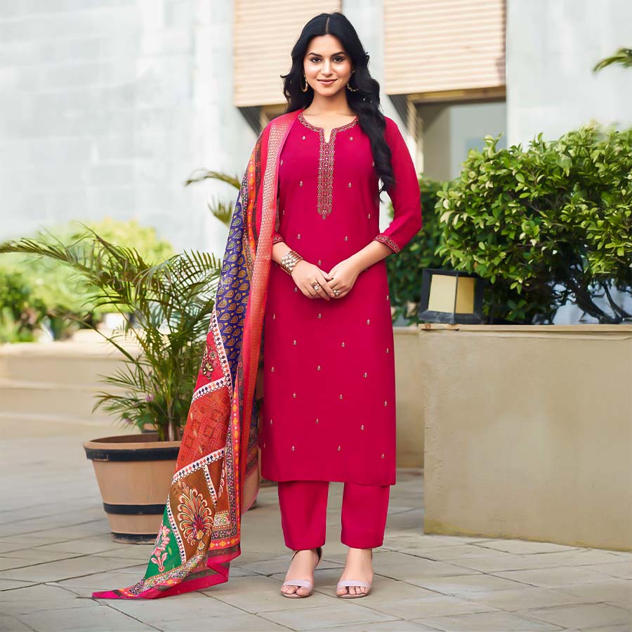Red  Viscose Roman Silk  Casual Wear Salwar Kameez