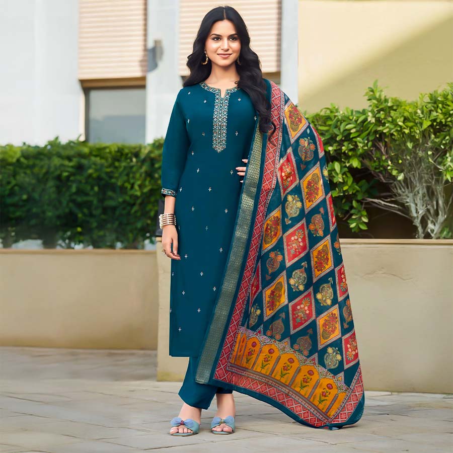 Blue  Viscose Roman Silk  Casual Wear Salwar Kameez